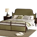 Double Bed with Green Upholstered Headboard Dark Wooden Frame Nightstands Lamps Rug and Pillows