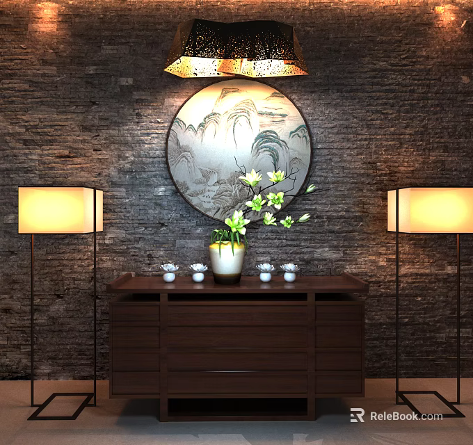 Stylish Entryway Console Table with Round Decorative Painting Stone Wall Floor Lamps Vase and Teacups 3d model 