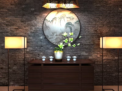 Stylish Entryway Console Table with Round Decorative Painting Stone Wall Floor Lamps Vase and Teacups 3d model