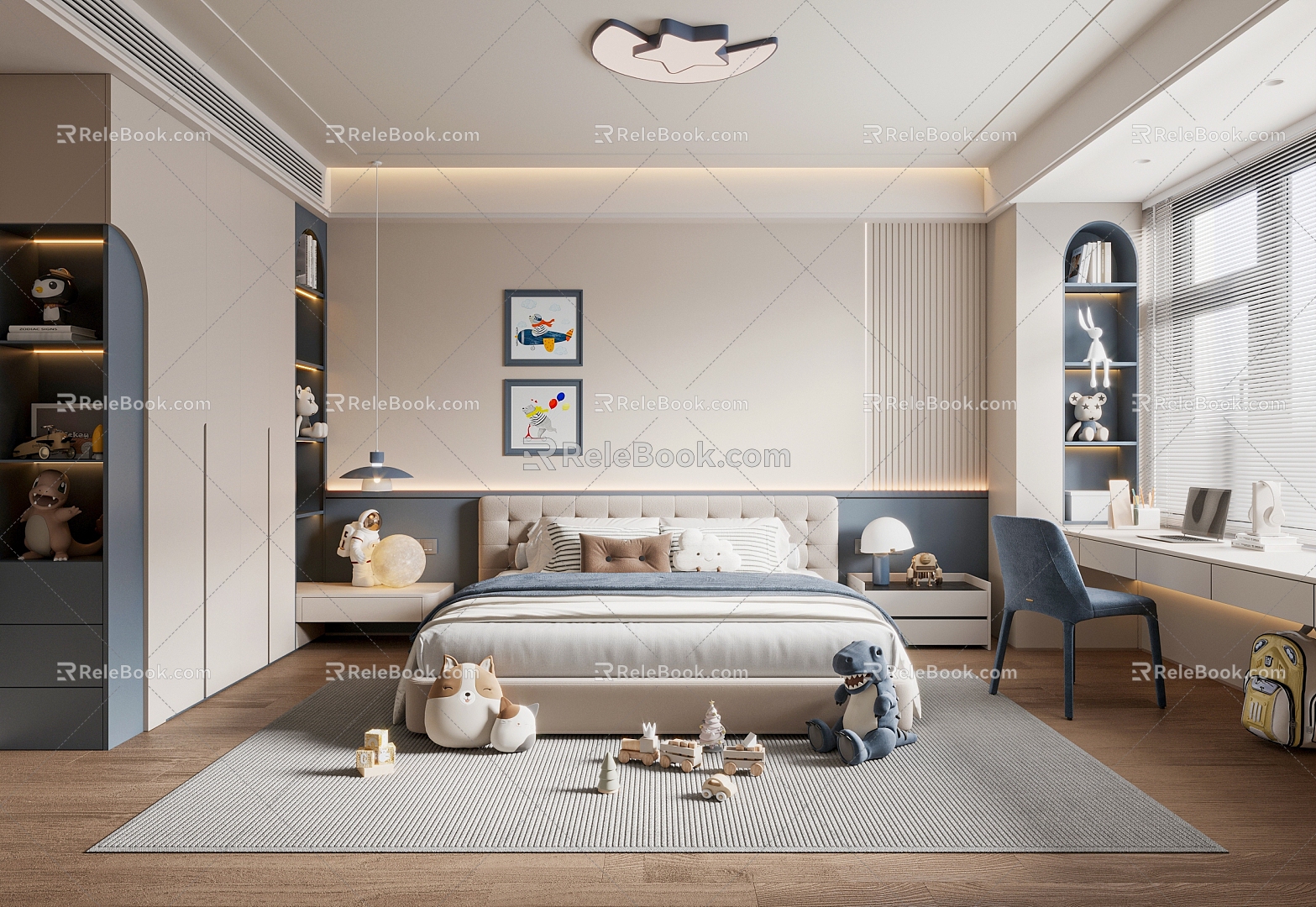 Modern Boys Children's Room Children's Bed Bedside Cabinet Wardrobe Chandelier Toy Ceiling Lamp Book Chair 3d model