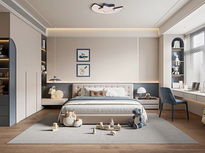 Cozy Kids Room Interior Design With Bed Pillows Toys Rug Desk Chair And Decorative Paintings 3d model