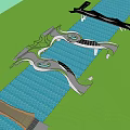 Multiple Landscape Bridges With Modern Curved Designs Spanning Blue Water Surface And Green Areas