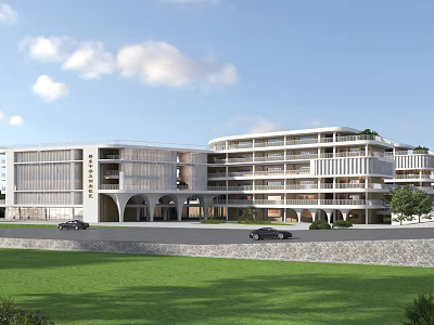 Modern Multi Story School Building With Glass Facade Green Lawn And Clear Sky 3d model