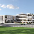 Modern Multi Story School Building With Glass Facade Green Lawn And Clear Sky