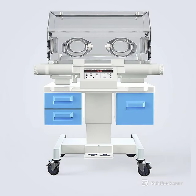 Medical Incubator With Transparent Hood Circular Access Ports And Blue Drawers On Wheelbase Cart 3d model 