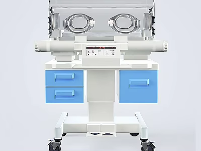 Medical Incubator With Transparent Hood Circular Access Ports And Blue Drawers On Wheelbase Cart 3d model