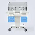 Medical Incubator With Transparent Hood Circular Access Ports And Blue Drawers On Wheelbase Cart