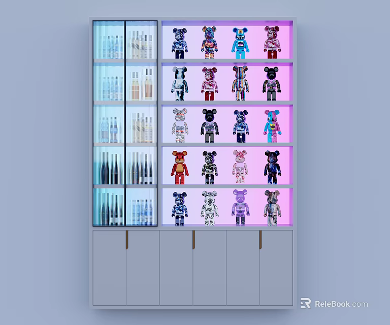 Modern Decorative Cabinet With Glass Door Colorful Bear Figurines Bottles And Drinks 3d model 