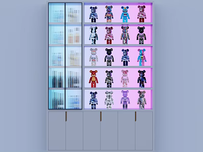 Modern Decorative Cabinet With Glass Door Colorful Bear Figurines Bottles And Drinks 3d model
