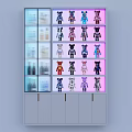 Modern Decorative Cabinet With Glass Door Colorful Bear Figurines Bottles And Drinks