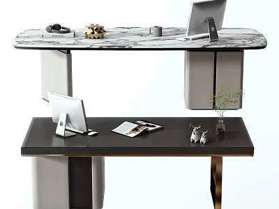 Elegant Office Desks Featuring Marble Black Tops Laptop Tablet Coffee Cup Magazines And Small Plant 3d model