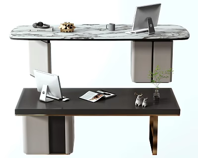 Elegant Office Desks Featuring Marble Black Tops Laptop Tablet Coffee Cup Magazines And Small Plant 3d model
