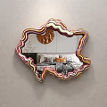 Irregular Shaped Mirror With Colorful Striped Frame Reflecting Bedroom Bed Copper Decor On Gray Wall