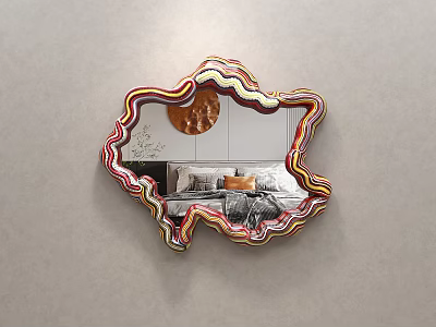 Irregular Shaped Mirror With Colorful Striped Frame Reflecting Bedroom Bed Copper Decor On Gray Wall 3d model
