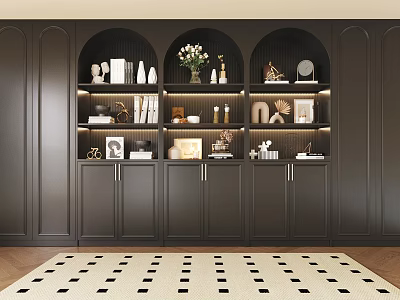 Modern Elegant Dark Wood Bookcase With Arched Shelves Books Decorative Vases Sculptures And Photo Frames 3d model