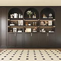 Modern Elegant Dark Wood Bookcase With Arched Shelves Books Decorative Vases Sculptures And Photo Frames