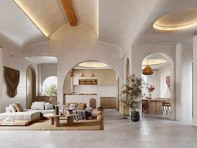 Modern Living and Dining Room with Open Concept Archway Sofa Dining Table and Pendant Lights 3d model