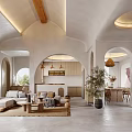 Modern Living and Dining Room with Open Concept Archway Sofa Dining Table and Pendant Lights