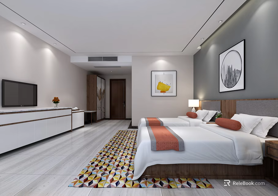 Modern Hotel Room Interior With Twin Beds TV Colorful Rug And Decorative Paintings 3d model 