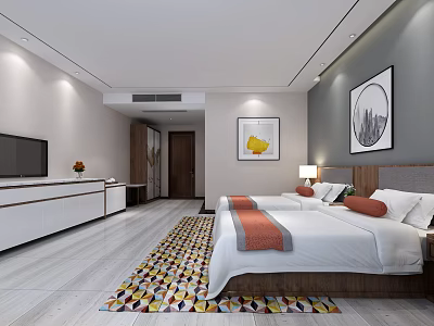 Modern Hotel Room Interior With Twin Beds TV Colorful Rug And Decorative Paintings 3d model
