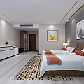Modern Hotel Room Interior With Twin Beds TV Colorful Rug And Decorative Paintings