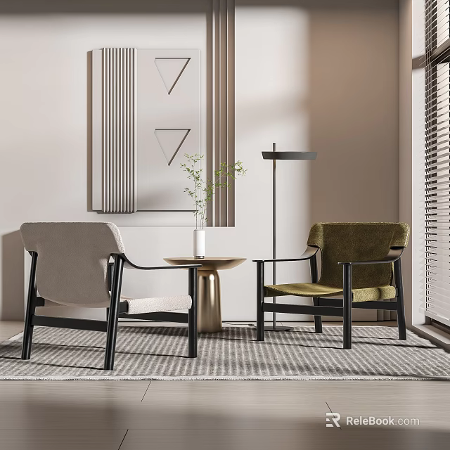 Modern Minimalist Table And Chair Set With Light Gray Dark Green Round Table Vase Plants Wall Art Floor Lamp 3d model 
