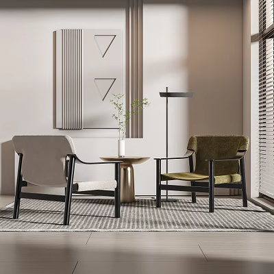 Modern Minimalist Table And Chair Set With Light Gray Dark Green Round Table Vase Plants Wall Art Floor Lamp 3d model