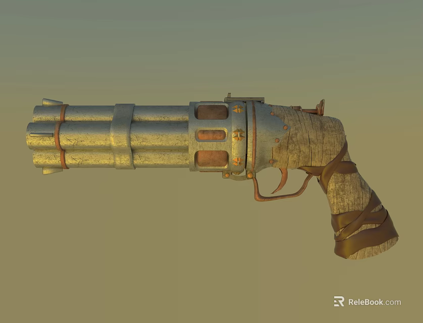 Vintage Industrial Revolver With Multiple Barrels Metallic Finish And Leather Wrapped Grip 3d model 