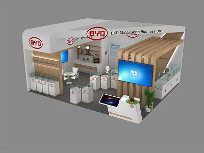 BYD Mobility Business Unit Exhibition Booth With Blue Display Screen Display Cabinets and Green Plants 3d model
