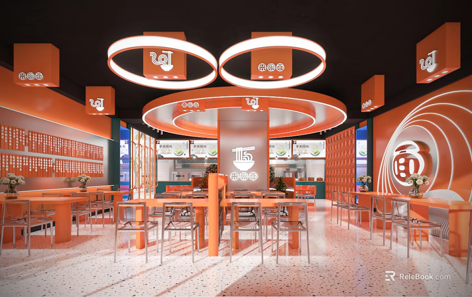 Orange Themed Restaurant Interior With Circular Pendant Lights Open Layout Tables And Chairs 3d model 
