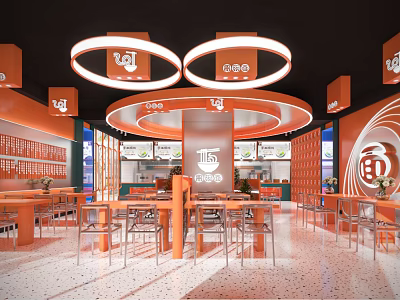 Orange Themed Restaurant Interior With Circular Pendant Lights Open Layout Tables And Chairs 3d model