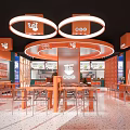 Orange Themed Restaurant Interior With Circular Pendant Lights Open Layout Tables And Chairs 3d model