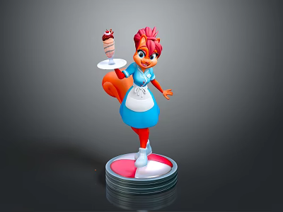 Animated Squirrel Character With Red Hair Blue White Apron Holding Ice Cream On Round Base 3d model