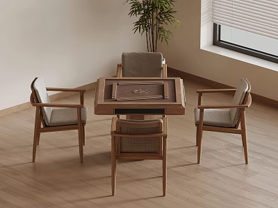 Cozy Room With Wooden Table Four Chairs Board Game Wooden Floor Plant And Window Blinds 3d model