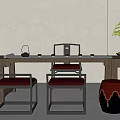 Modern Chinese Tea Table and Chairs with Red Cushioned Seats Tea Sets and Potted Plant