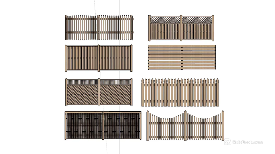 Various Wooden Fence Designs Including Lattice Slatted Picket and Arched Styles 3d model 