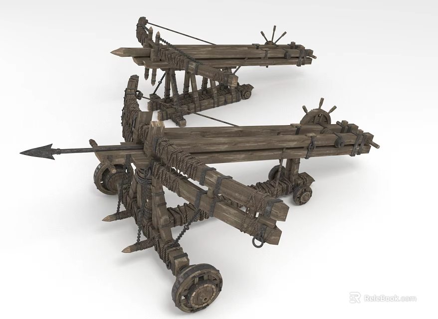 Ancient Wooden Siege Engines With Detailed Mechanical Structures Wheels And Arrowheads 3d model 