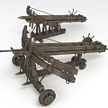 Ancient Wooden Siege Engines With Detailed Mechanical Structures Wheels And Arrowheads