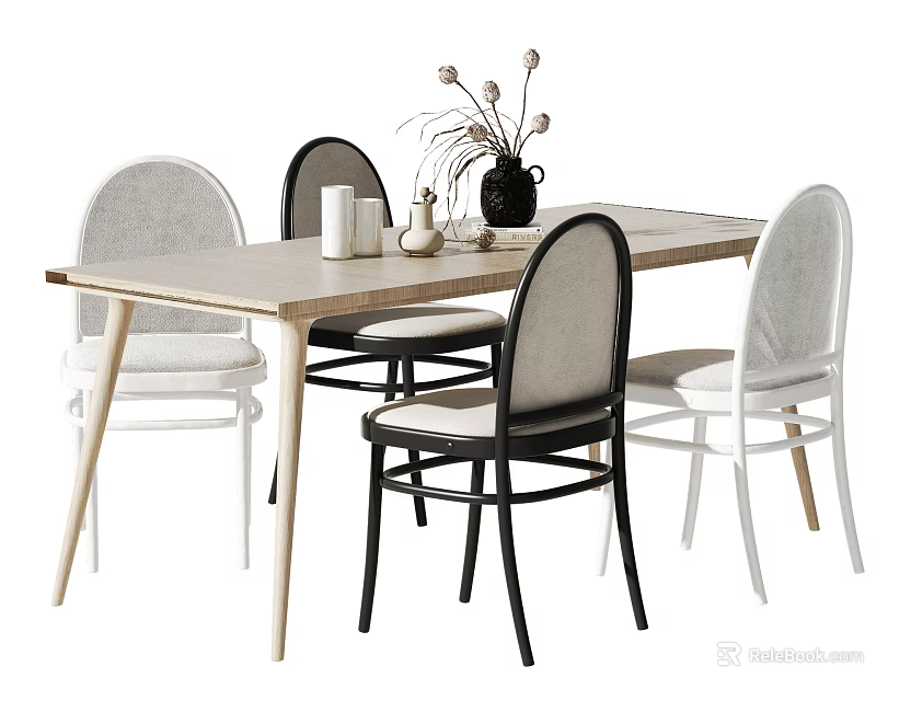 Modern Wooden Dining Table Set With Multi Colored Chairs And Decorative Vase 3d model