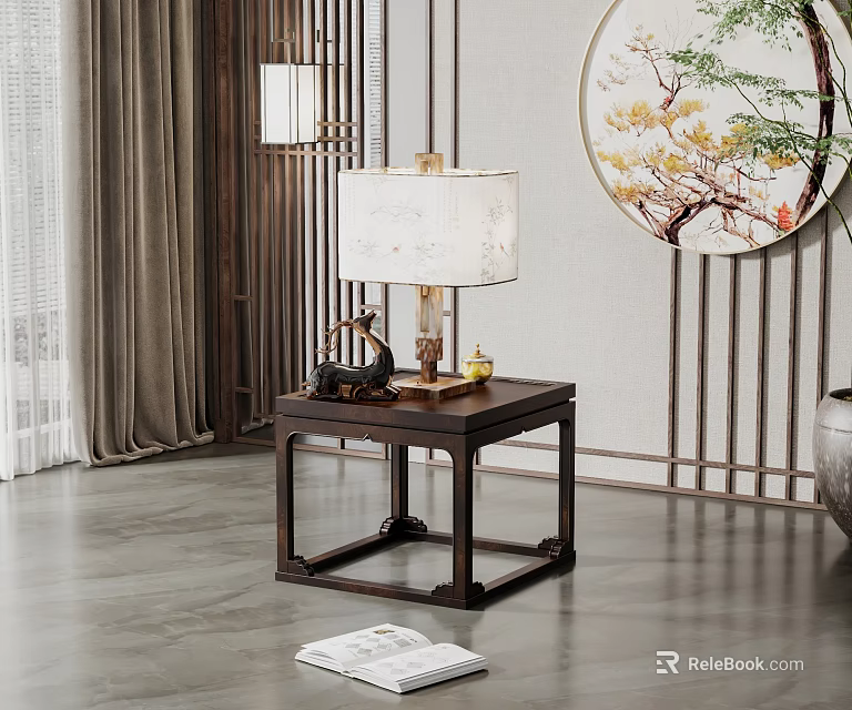 Chinese Style Dark Wood Side Table With Table Lamp And Decorative Items 3d model