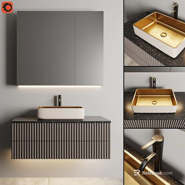 Modern Washbasin Vanity With Gray Cabinets Striped Design Dark Countertop White Basin And Faucet 3d model 