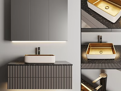 Modern Washbasin Vanity With Gray Cabinets Striped Design Dark Countertop White Basin And Faucet 3d model