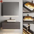 Modern Washbasin Vanity With Gray Cabinets Striped Design Dark Countertop White Basin And Faucet