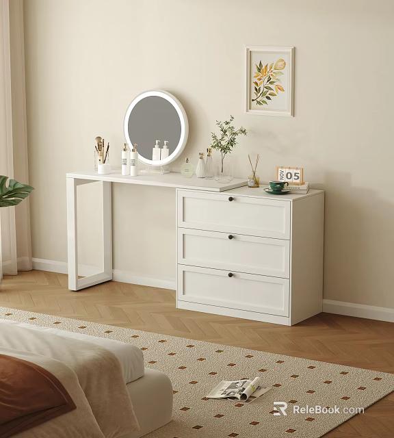 White Three Drawer Chest of Drawers with Round Mirror LOVE Sign and Decor in Bedroom 3d model 