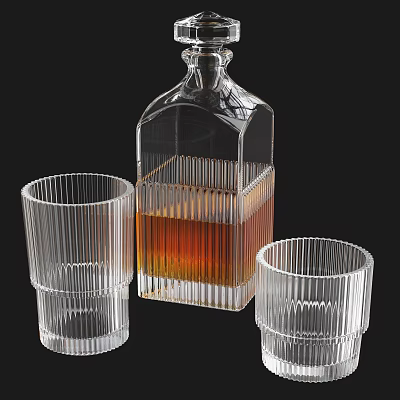 Ribbed Crystal Whiskey Bottle Filled with Amber Liquid and Transparent Ribbed Glasses on Black Background 3d model