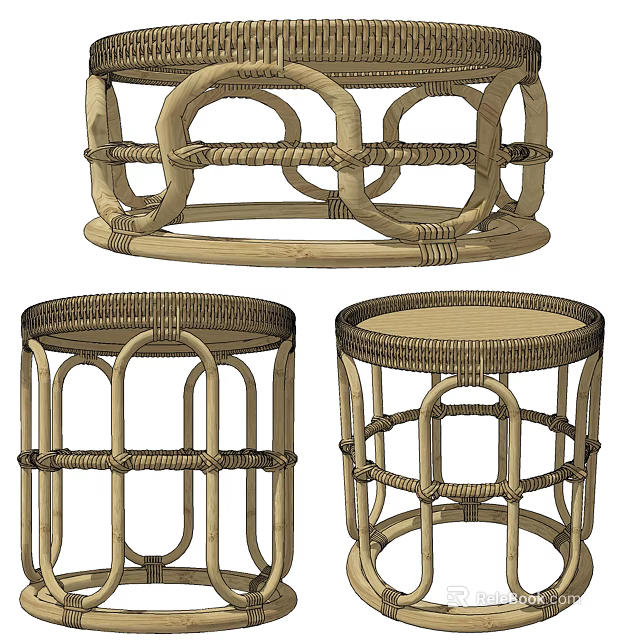 Natural Rattan Side Table With Round Top And Intricate Woven Design For Home 3d model 