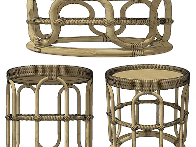 Natural Rattan Side Table With Round Top And Intricate Woven Design For Home 3d model
