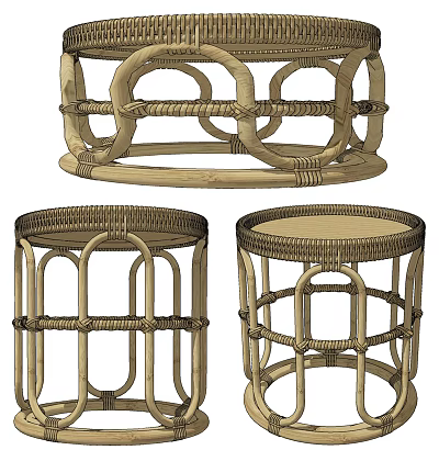 Natural Rattan Side Table With Round Top And Intricate Woven Design For Home 3d model