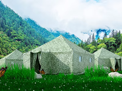 Camouflage Tents Set In Green Meadow With Forest And Mountain Backdrop Under Blue Sky 3d model