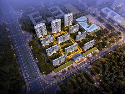 Aerial View Planning of Modern Residential Area With High Rise Buildings Greenery and Road Networks 3d model